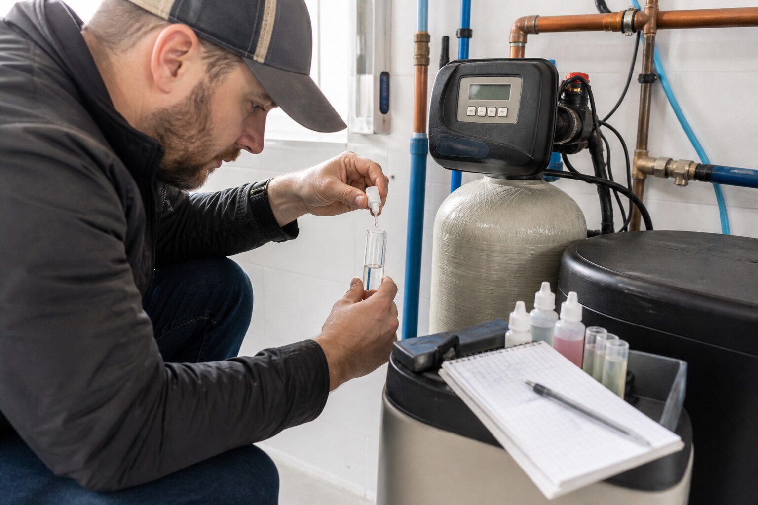 Modern residential water softener with clean copper and PEX plumbing